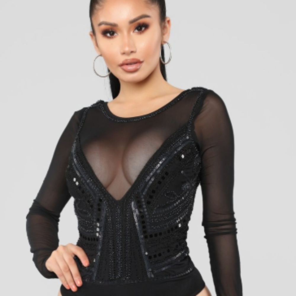 Fashion Nova embellished long sleeve mesh bodysuit